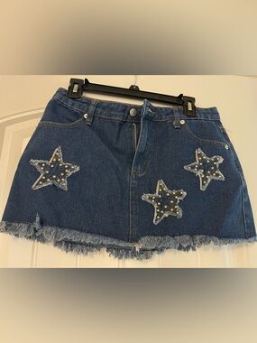 Le Lis Embellished Denim Mini Skirt with Star Appliqués - Dark Blue S